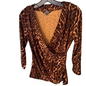 LAUREN RALPH LAUREN Leopard Print Criss Cross Front Black Brown  Sz M/P NEW